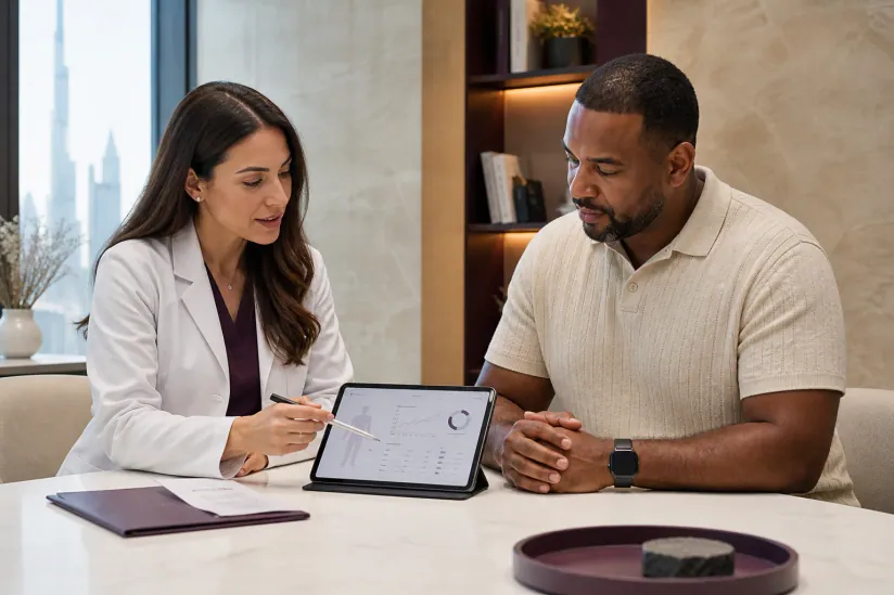 A female clinician discussing information on a tablet with an adult male patient