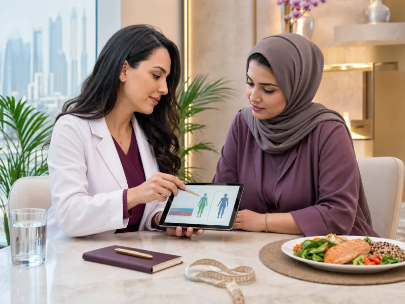 A clinician and an adult reviewing health information together