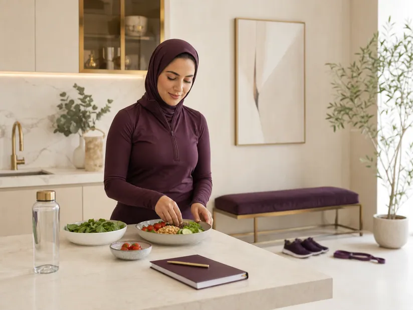 An adult preparing a balanced meal at a home kitchen counter