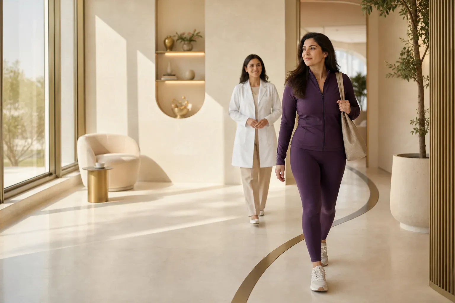 A woman in activewear walking through a bright, calm wellness clinic corridor with a clinician following a few steps behind