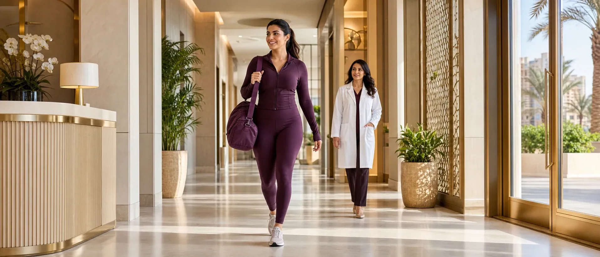 A patient walking through a bright clinic with a clinician, representing a guided care pathway